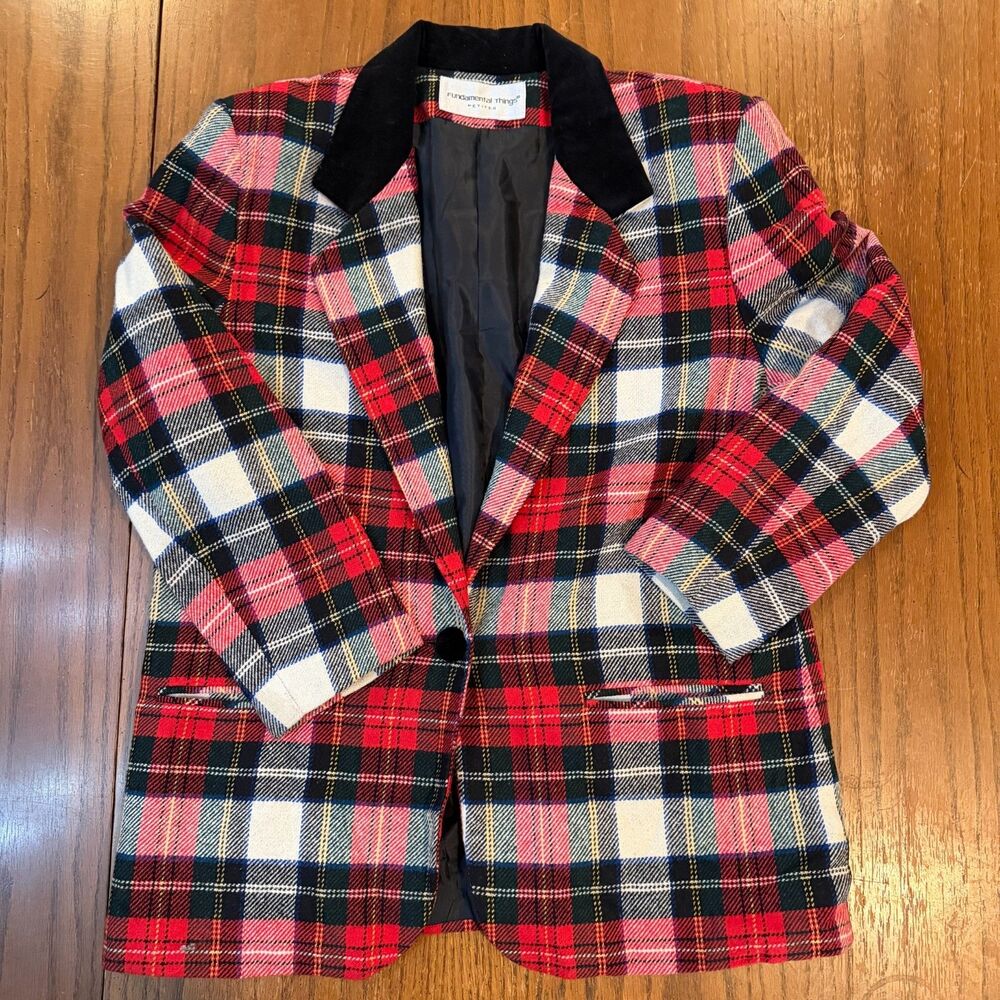 Vintage 90s Fundamental Things Plaid Wool Blend Blazer Velvet Collar Preppy 10P